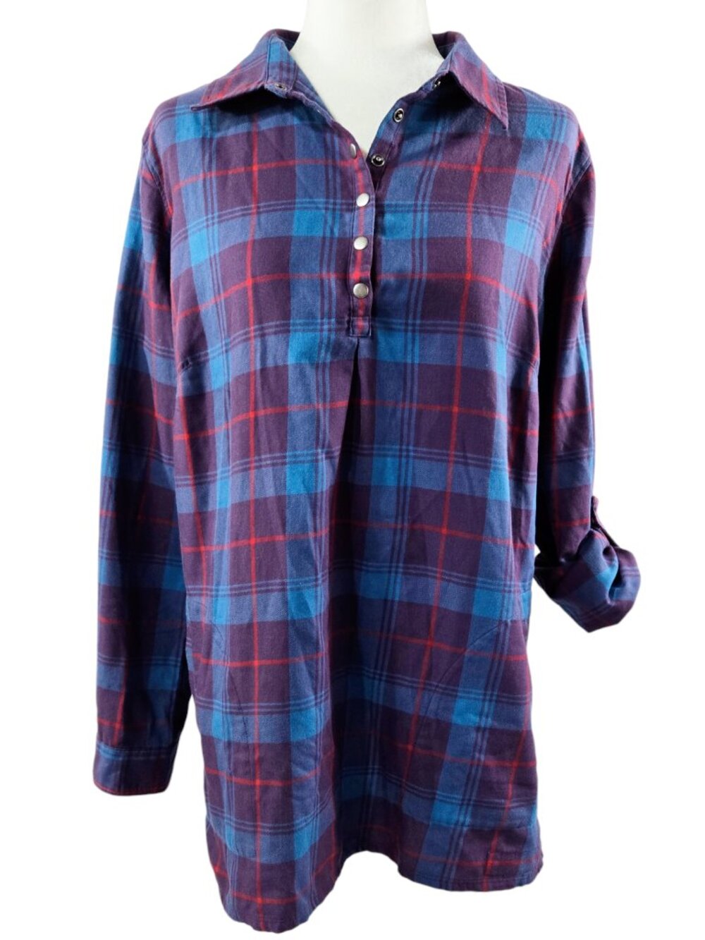 Duluth Blue Purple Plaid Flannel Roll Tab Sleeve Henley Popover Tunic Cabincore